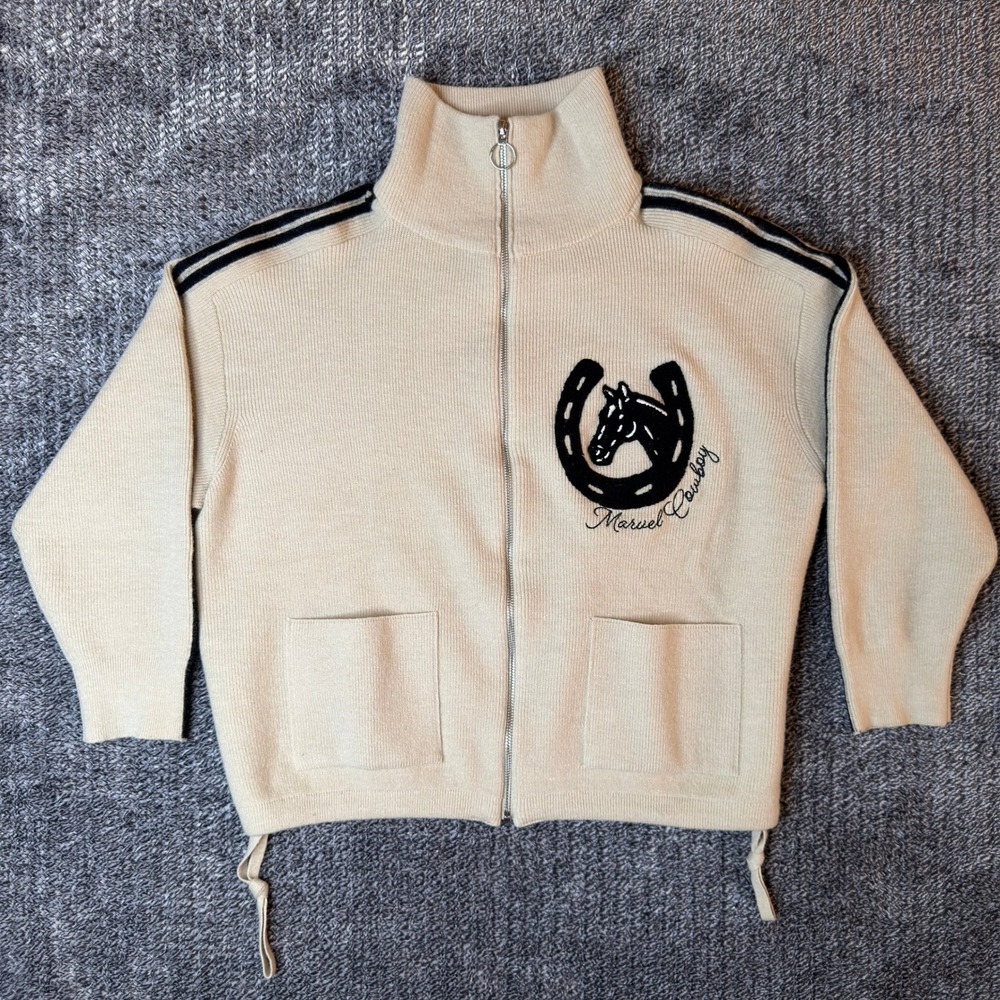 Rodeo Quincy Marvel Cowboy Zip Up Sweater Cream Western Horseshoe Knit Medium